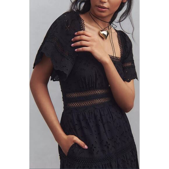 EUC Anthropologie Maeve Violetta Black Eyelet Midi Dress - Medium - Picture 3 of 5